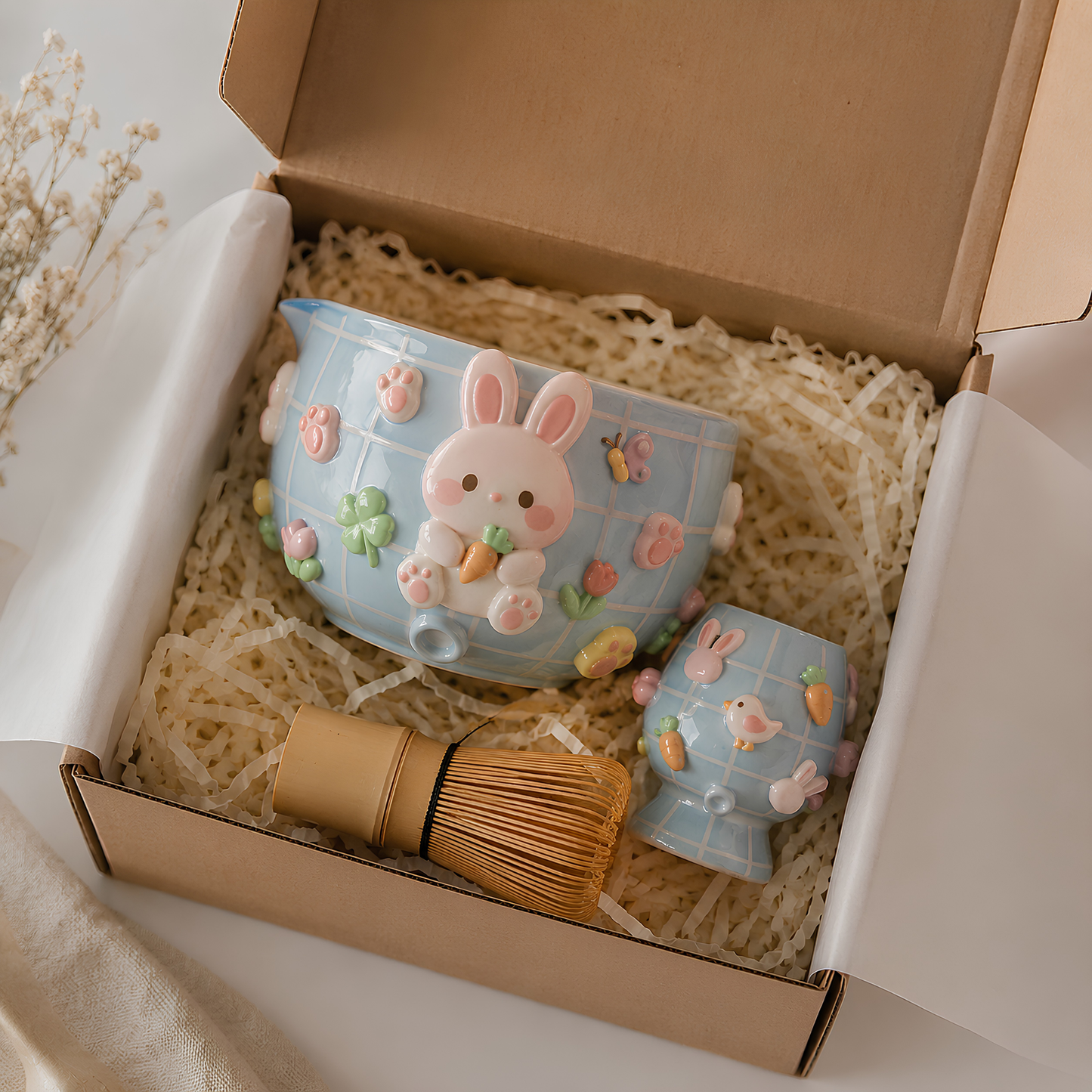 Grid Mint Blue Bunny Matcha Bowl | Handmade Ceramic Chawan | LA028