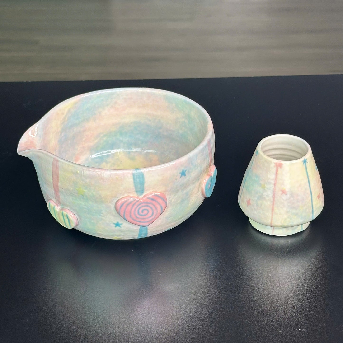 Handcrafted Pastel Sparkle Ceramic Matcha Bowl and Whisk Holder Set • HX40