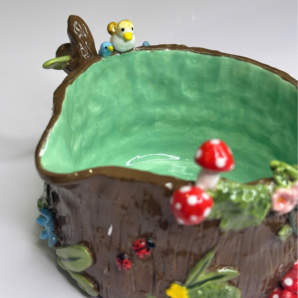 Handmade Ancient Tree Stump Ceramic Matcha Set • Forest Mushroom Chawan Bowl & Whisk Holder • HX52