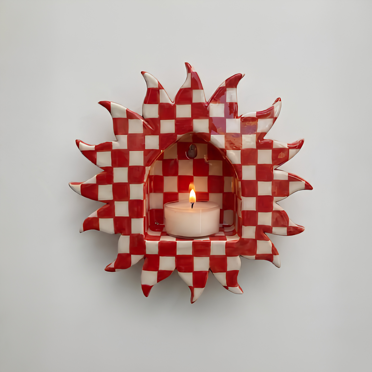 Sunburst Chevron Pattern Tealight Holder – Handcrafted Ceramic Wall Candle Sconce – Whimsical Bohemian Wall Decor • HX31