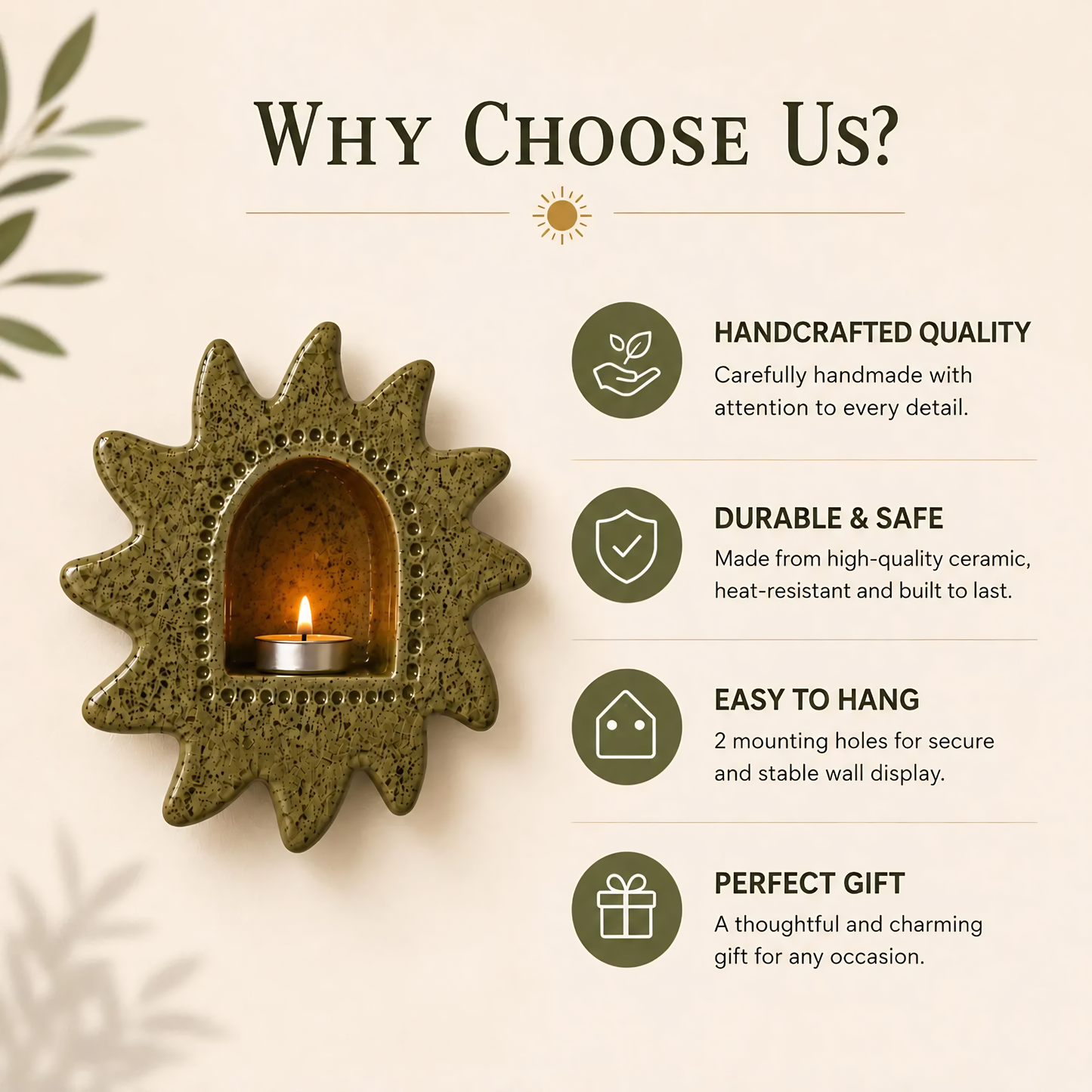 Handmade Ceramic Sun Wall Candle Holder, Green Speckled Sconce, Cozy Cottagecore Decor | LA113 (Copy)