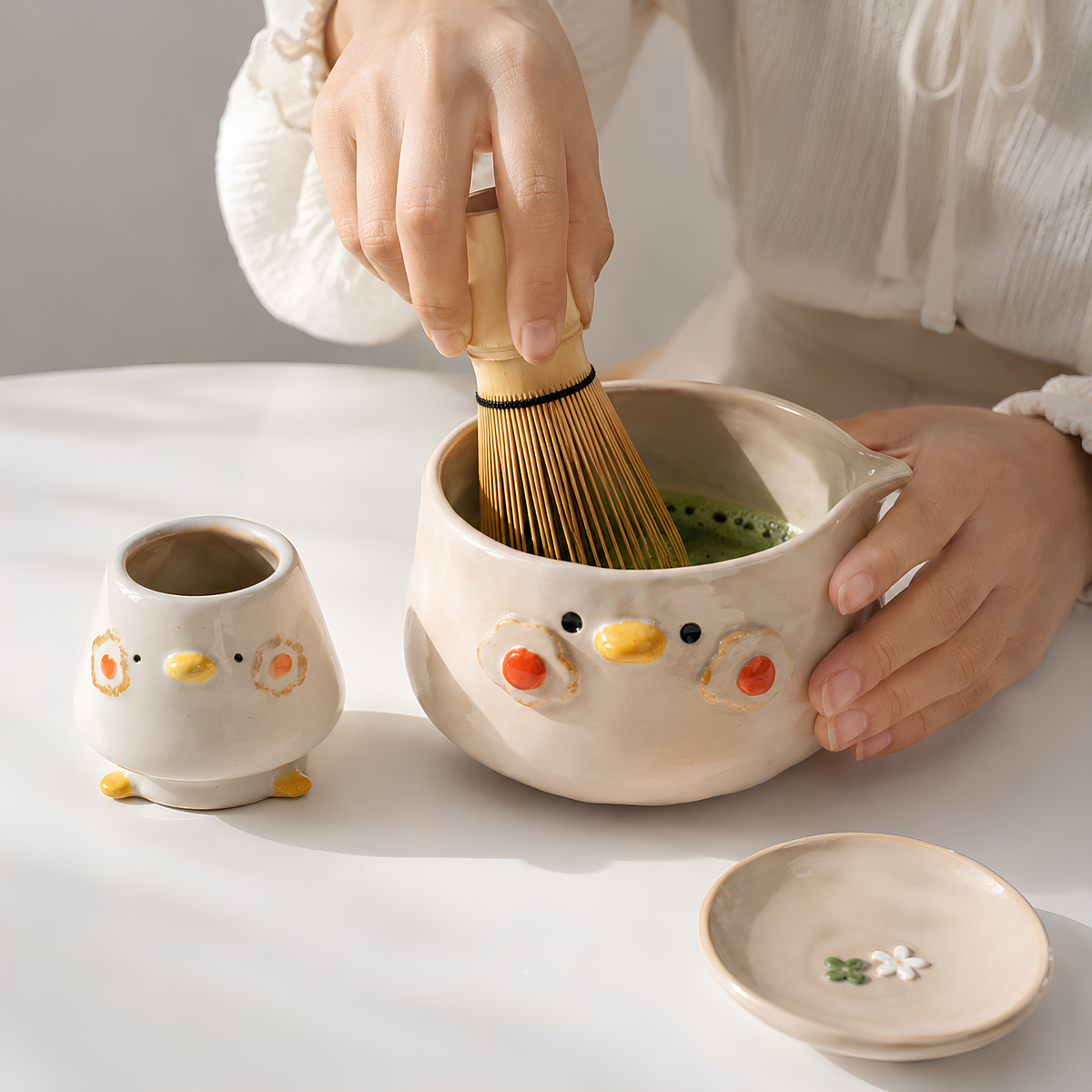 Handmade Kawaii Chick Ceramic Matcha Bowl Set | Aesthetic Breakfast Tea Set • HX60