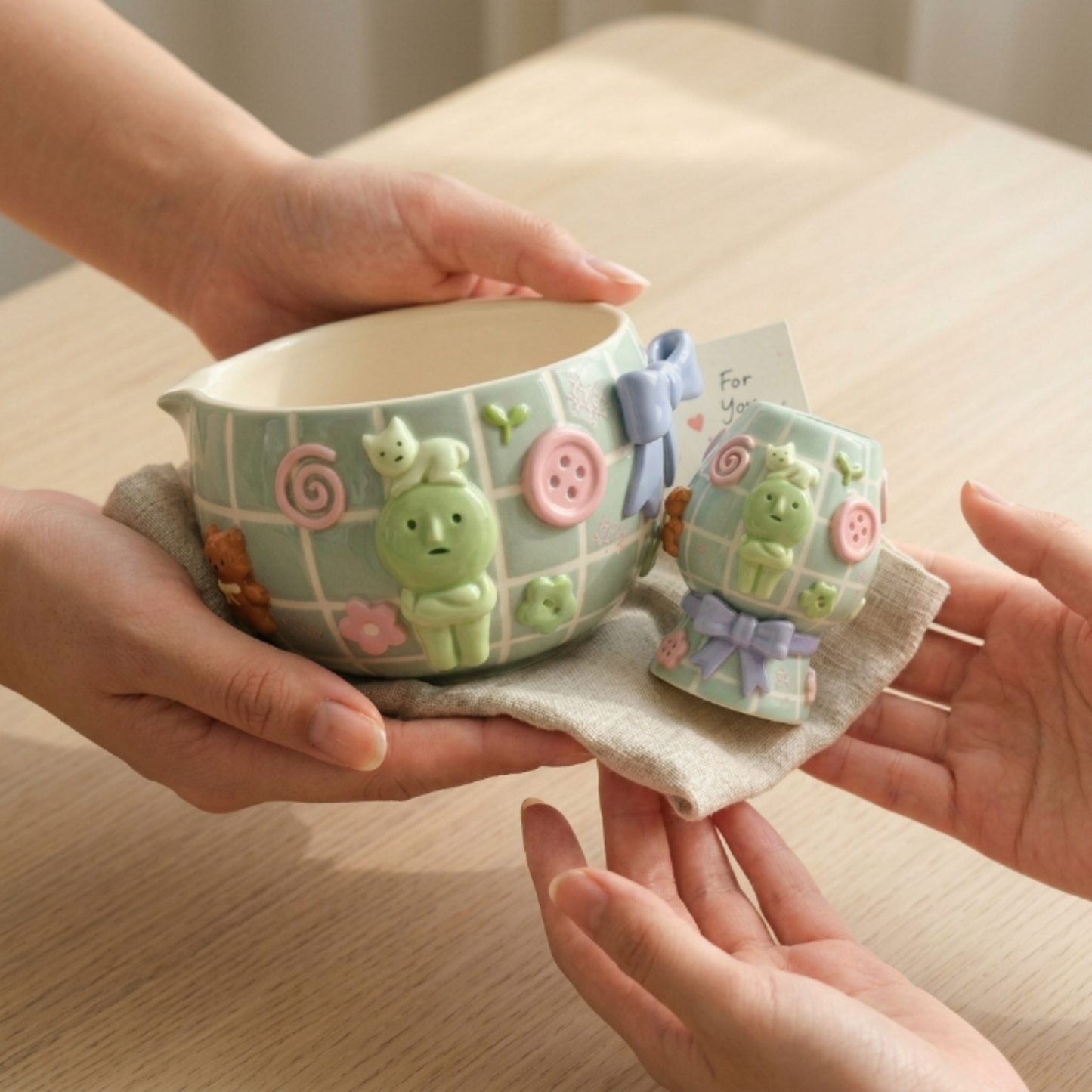 Cute Smiski 3D Pastel Ceramic Matcha Bowl and Whisk Holder Set – Handcrafted Matchawanwl • HX02
