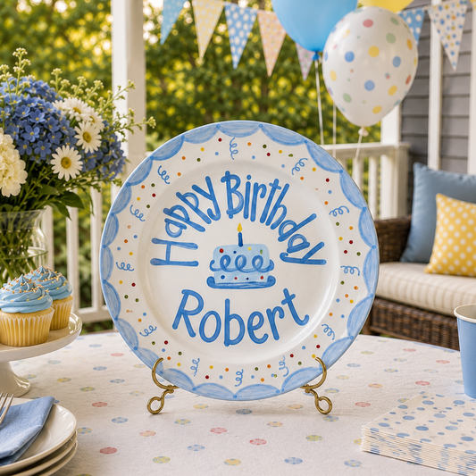 Hand-Painted Ceramic Birthday Plate, Blue Scalloped Border with Sprinkles, Custom Name Keepsake, Baby Boy Gift | B020