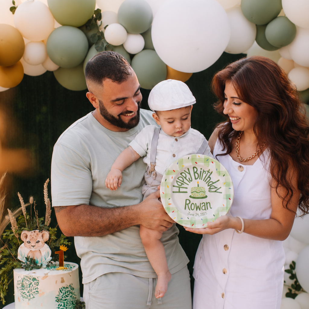 Custom Hand Painted Ceramic Birthday Plate, Green Gingham Confetti Plate, Personalized Birthday Plate Date, First Birthday Gift Boy | B088