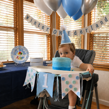 Custom Hand Painted Ceramic Birthday Plate, Blue Gingham Balloon Dish, Personalized Birthday Plate Date, First Birthday Gift Boy | B090