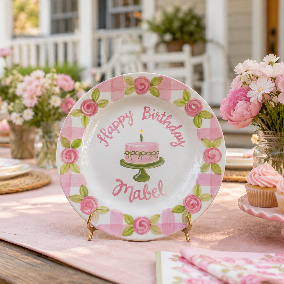 Personalized Pink Birthday Plate, Custom Ceramic Birthday Dish, Pink Gingham Rose Plate, Girls Birthday Tradition Heirloom Keepsake | B016