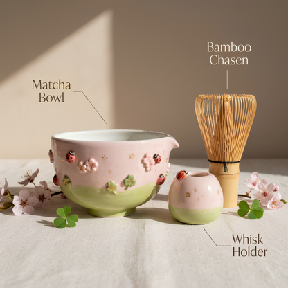Handmade Ladybug Matcha Bowl Set, Cherry Blossom Ceramic Matcha Tea Set, LA05