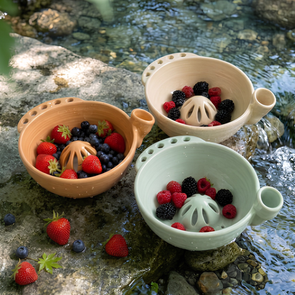 Handcrafted Ceramic Berry Colander Bowl, Ceramic Fruit Strainer with Handle • HX41