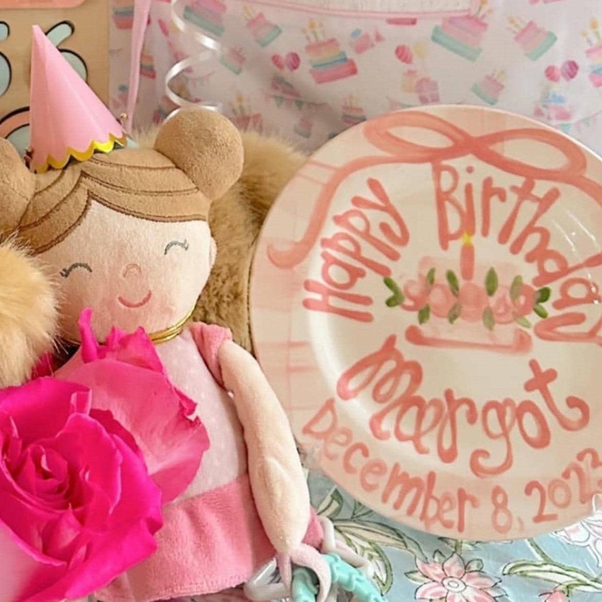 Personalized Birthday Plate – Pink Gingham Bow & Floral Cake Design | BHL006