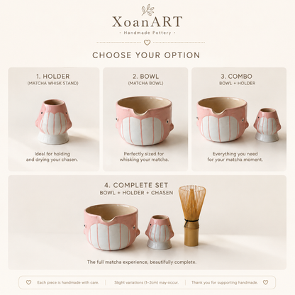 Cute Pink Dolphin Ceramic Matcha Bowl and Whisk Holder Set – Handcrafted Pastel Matchawan • HX13