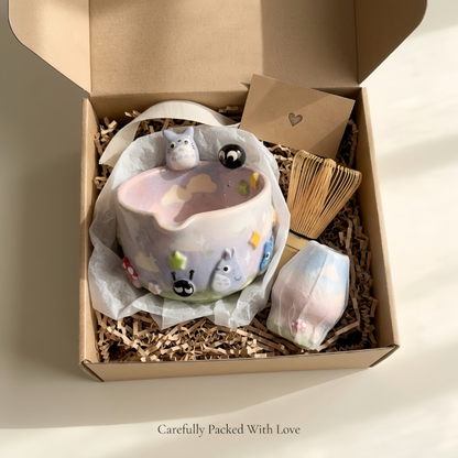 Totoro Matcha Bowl Set, Woodland Inspired Pottery, Anime Inspired Decor| Handmade Ceramic Chawan | LA023