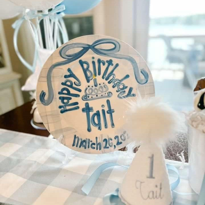 Personalized Birthday Plate – Blue Gingham Bow & Blue Cake Design | BHL007