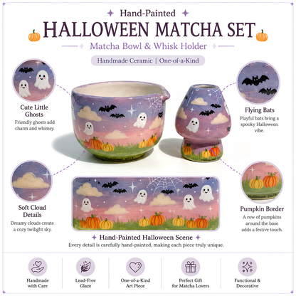 Handcrafted Dreamy Halloween Night Ceramic Matcha Bowl and Whisk Holder Set • HX46