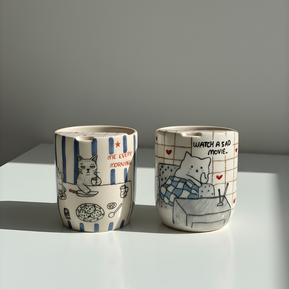 Handcrafted Ceramic Travel Mug with Built-in Lid, "Watch a Sad Movie" Cute Crying Cat Commuter Cup • HX23