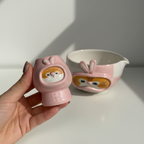 Kawaii Handcrafted Ceramic Pilot Squirrel Matcha Bowl and Whisk Holder Set – Pink Checkerboard Edition • HX28