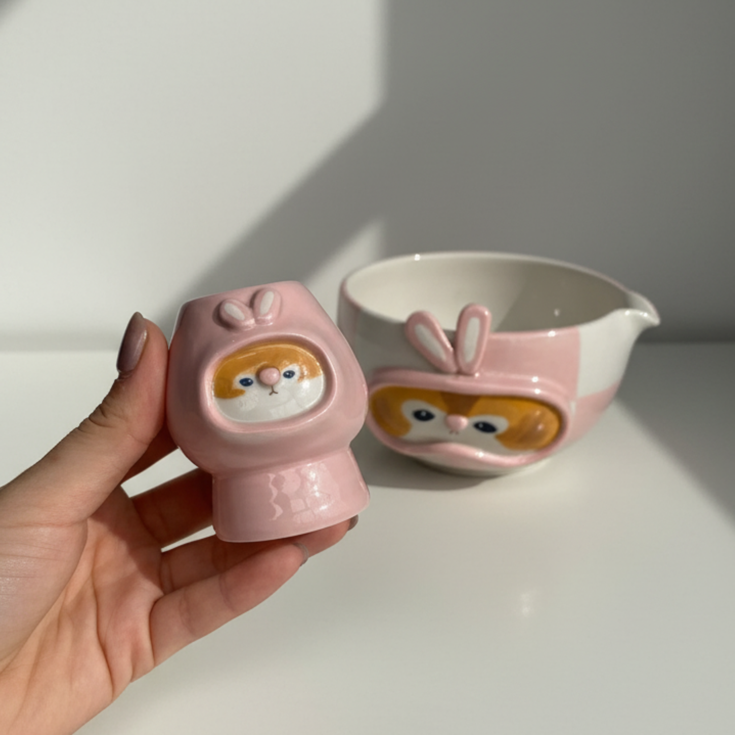 Kawaii Handcrafted Ceramic Pilot Squirrel Matcha Bowl and Whisk Holder Set – Pink Checkerboard Edition • HX28