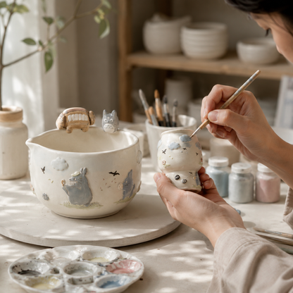 Studio Ghibli Inspired Totoro & Catbus Matcha Set–Handcrafted Ceramic Tea Bowl • HX01