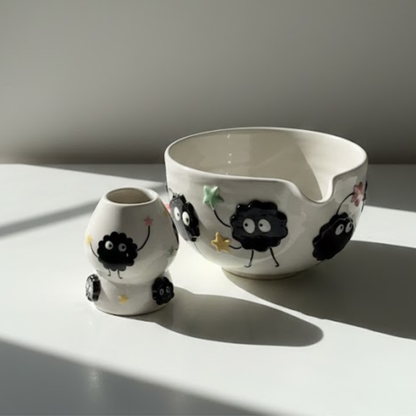 Spirited Away Susuwatari 3D Handcrafted Ceramic Matcha Bowl and Soot Sprite Whisk Holder Set • HX15