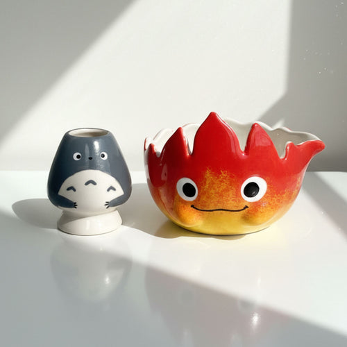 Ghibli Calcifer Fire 3D Handcrafted Ceramic Matcha Bowl and Totoro Whisk Holder Set • HX13