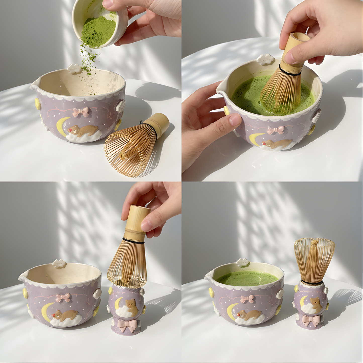Lavender Dream Teddy Bear & Crescent Moon 3D Handcrafted Ceramic Matcha Bowl and Whisk Holder Set • HX27