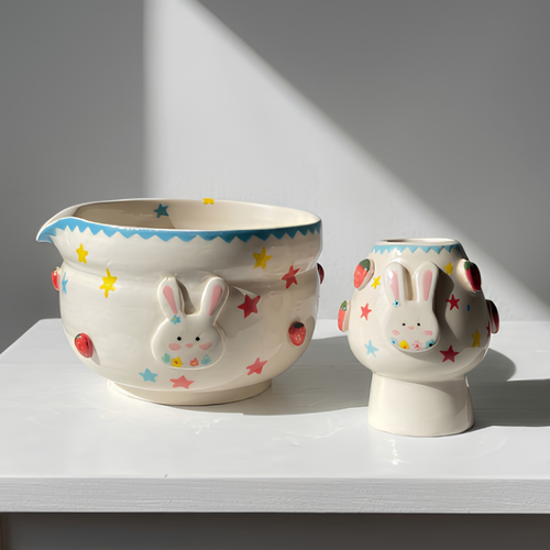 Handcrafted Strawberry Bunny & Star Ceramic Matcha Bowl and Whisk Holder Set • HX26