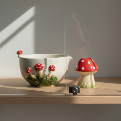 Handcrafted Mushroom Garden Ceramic Matcha Bowl and Whisk Holder Set • HX42