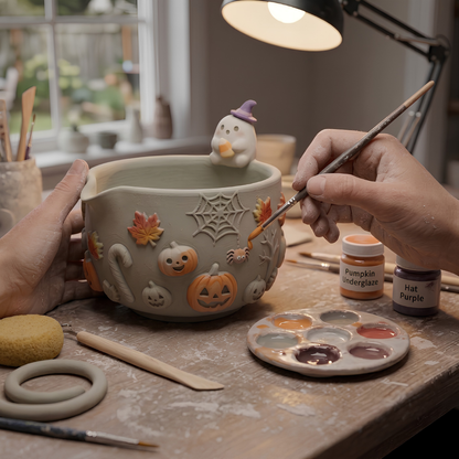 Ombre Halloween Matcha Bowl, Handmade Ceramic Matcha Set, Pumpkin Ghost Chawan with Whisk Holder | LA041