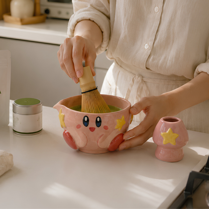 Kawaii Kirby 3D Handcrafted Ceramic Matcha Bowl and Warp Star Whisk Holder Set • HX14