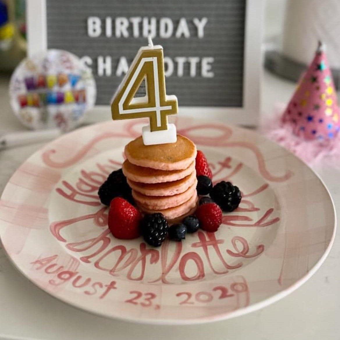 Personalized Birthday Plate – Pink Gingham Bow & Floral Cake Design | BHL006