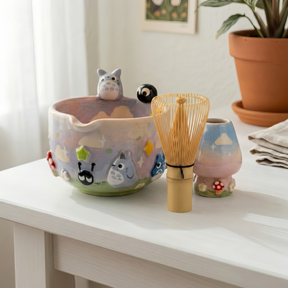 Totoro Matcha Bowl Set, Woodland Inspired Pottery, Anime Inspired Decor| Handmade Ceramic Chawan | LA023