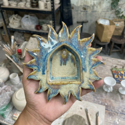 Handcrafted Red Sunburst Ceramic Wall Candle Sconce, Burgundy Sun Medallion Tealight Holder • HX35