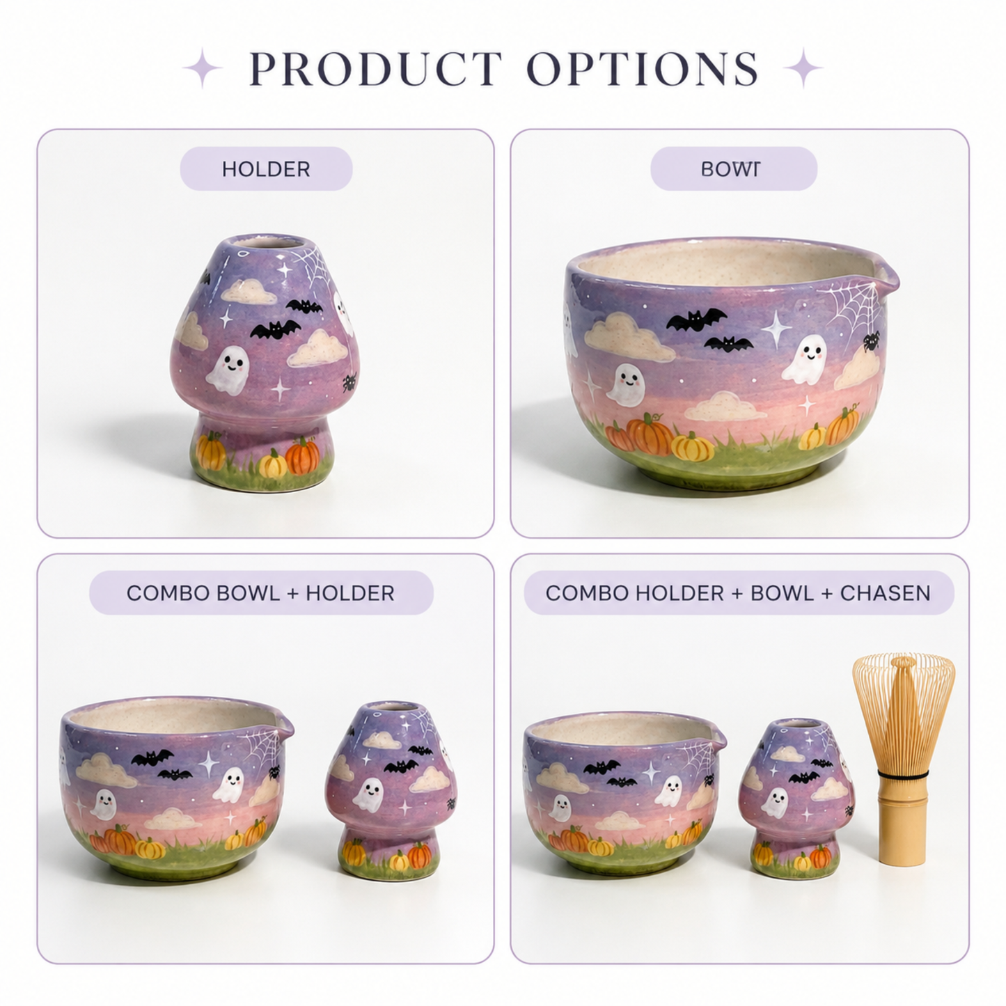 Handcrafted Dreamy Halloween Night Ceramic Matcha Bowl and Whisk Holder Set • HX46