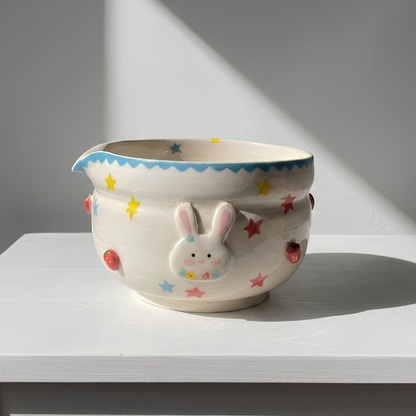 Handcrafted Strawberry Bunny & Star Ceramic Matcha Bowl and Whisk Holder Set • HX26