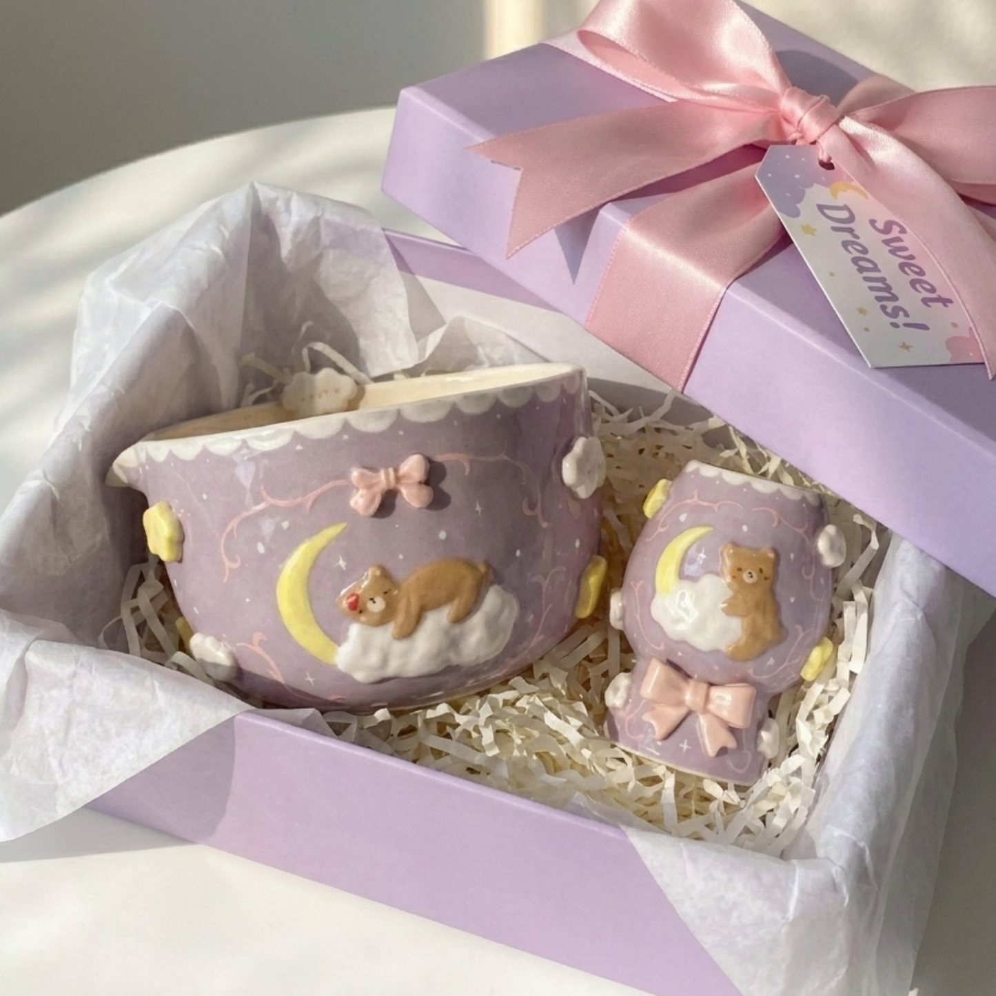 Lavender Dream Teddy Bear & Crescent Moon 3D Handcrafted Ceramic Matcha Bowl and Whisk Holder Set • HX27