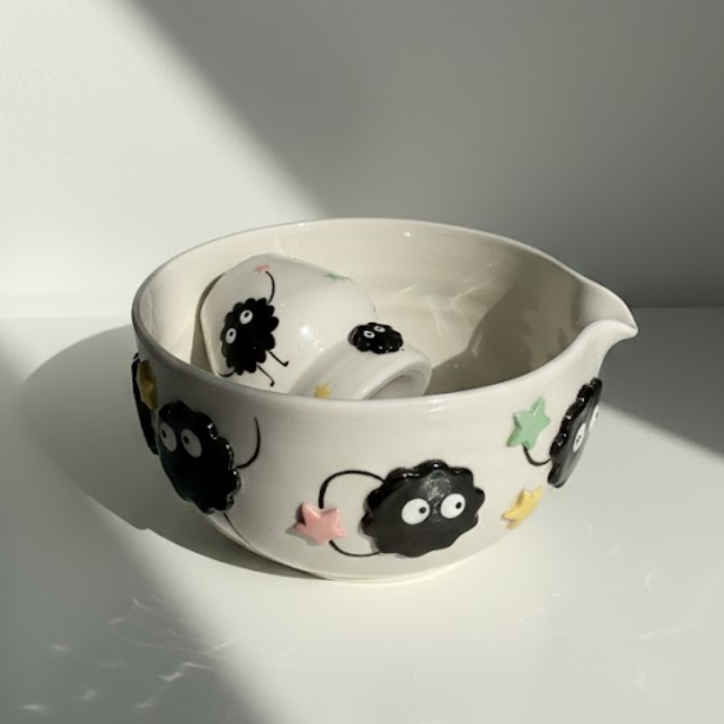 Spirited Away Susuwatari 3D Handcrafted Ceramic Matcha Bowl and Soot Sprite Whisk Holder Set • HX15