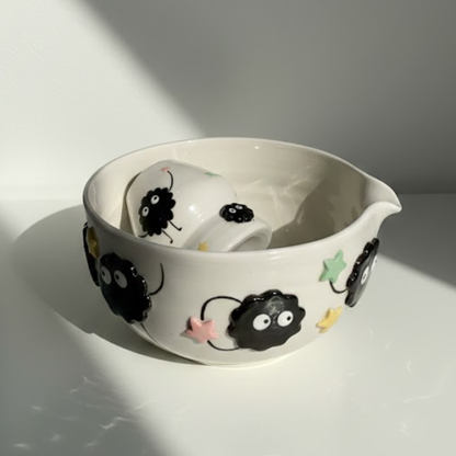 Spirited Away Susuwatari 3D Handcrafted Ceramic Matcha Bowl and Soot Sprite Whisk Holder Set • HX15