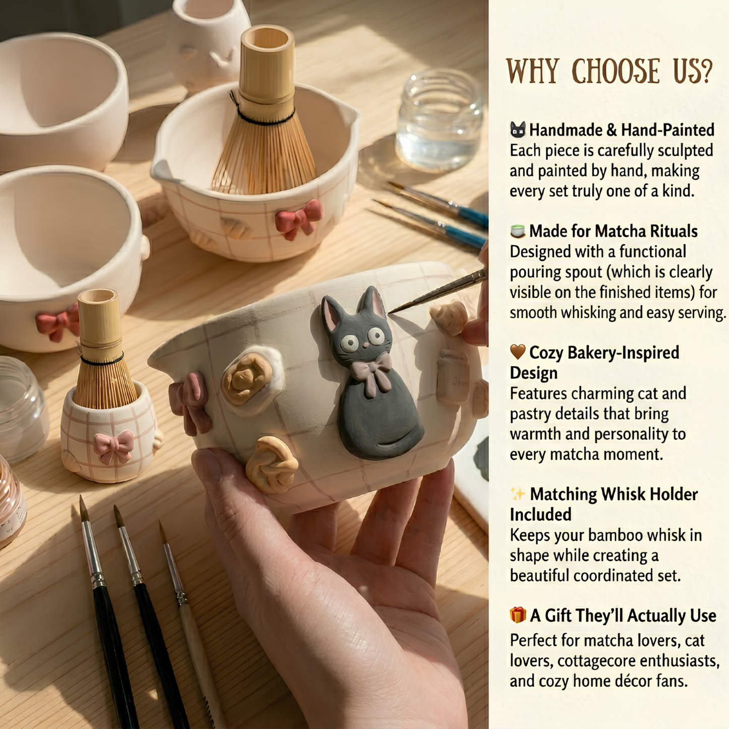 Checkered Jiji Cat Matcha Bowl | Handmade Ceramic Chawan | LA019