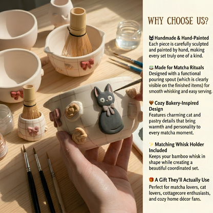 Checkered Jiji Cat Matcha Bowl | Handmade Ceramic Chawan | LA019
