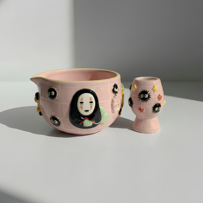 No-Face Matcha Bowl | Handmade Ceramic Chawan | Kawaii Anime Tea Set | LA07
