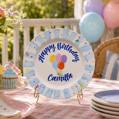 Personalized Blue Birthday Plate, Custom Ceramic Birthday Dish, Light Blue Striped Balloon Plate, Kids Birthday Tradition Heirloom Keepsake | B007