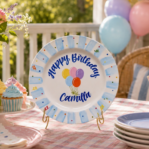 Custom Hand Painted Ceramic Birthday Plate, Blue Stripe Balloon Dish, Personalized Birthday Plate, First Birthday Gift Girl | B007
