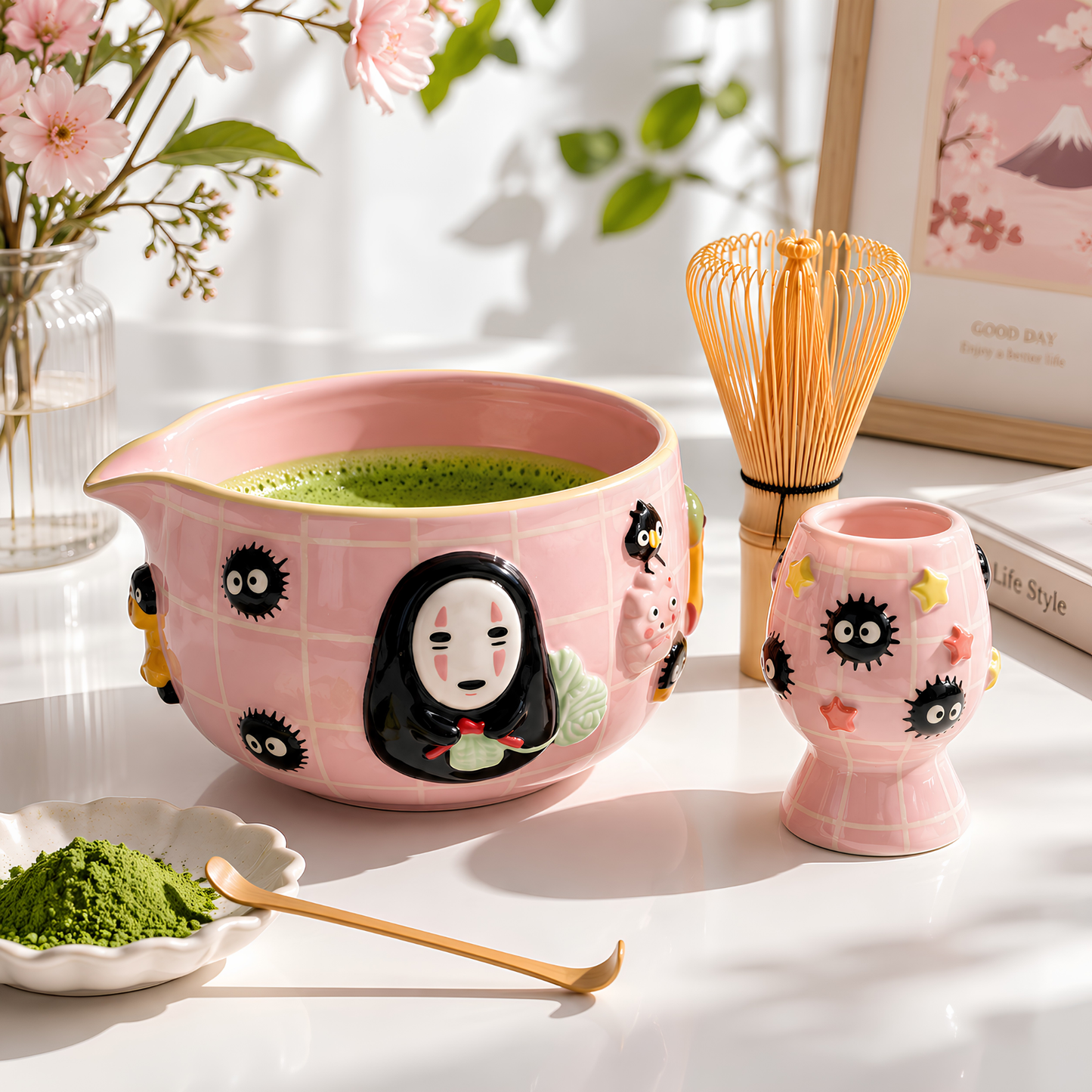 No-Face Matcha Bowl | Handmade Ceramic Chawan | Kawaii Anime Tea Set | LA07