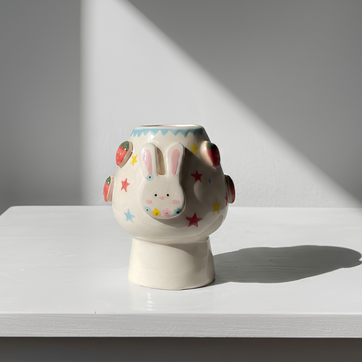 Handcrafted Strawberry Bunny & Star Ceramic Matcha Bowl and Whisk Holder Set • HX26