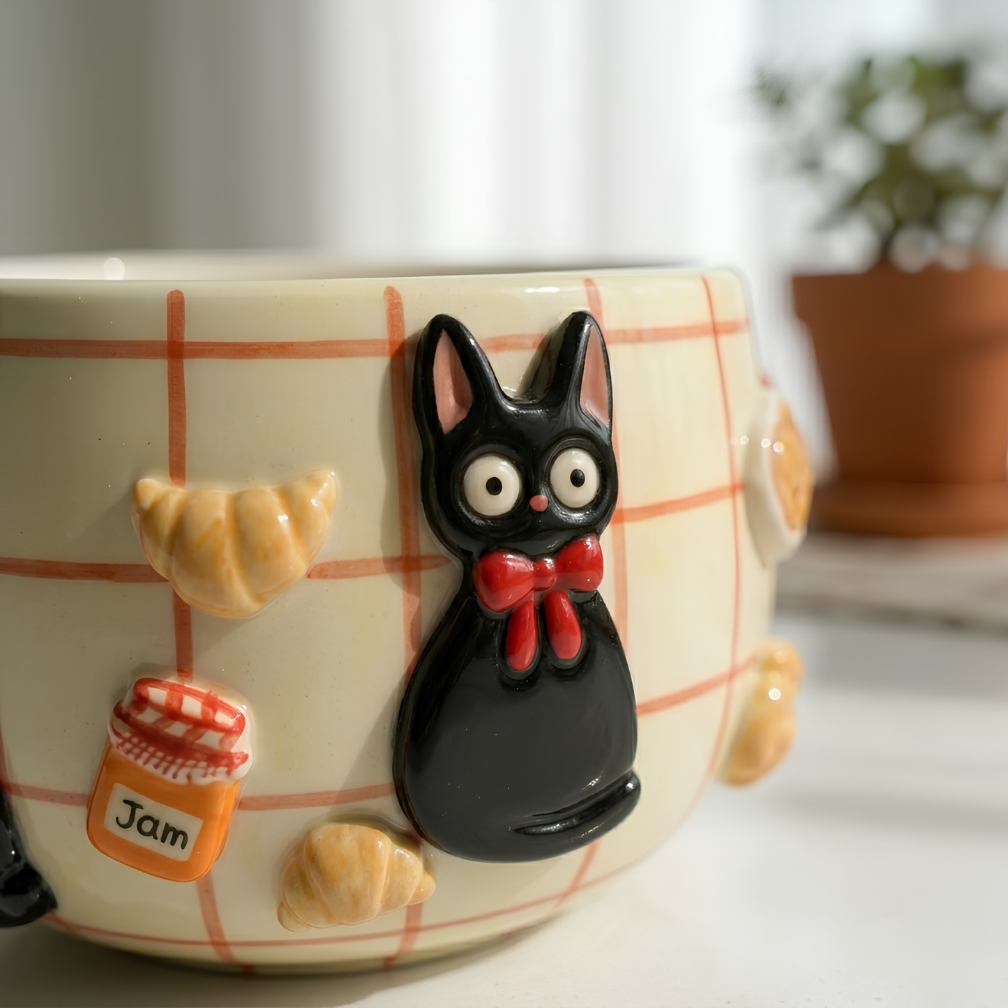 Checkered Jiji Cat Matcha Bowl | Handmade Ceramic Chawan | LA019