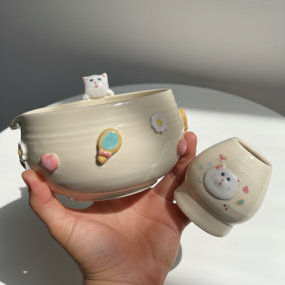 Handcrafted Sporty Cat Ceramic Matcha Bowl and Whisk Holder Set • HX29