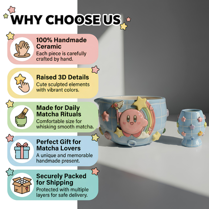 Blue Kirby Matcha Bowl | Handmade Ceramic Chawan | Sky Blue Anime Tea Set | LA08