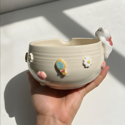 Handcrafted Sporty Cat Ceramic Matcha Bowl and Whisk Holder Set • HX29