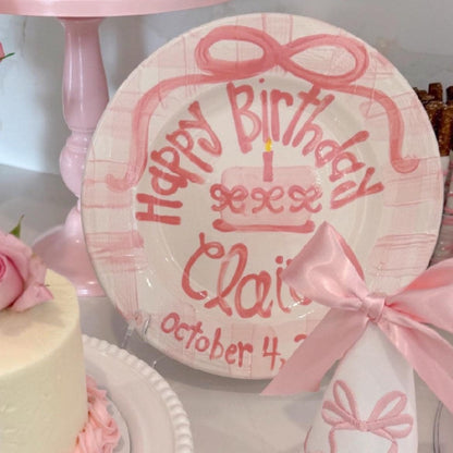 Personalized Birthday Plate – Pink Gingham Bow & Floral Cake Design | BHL006