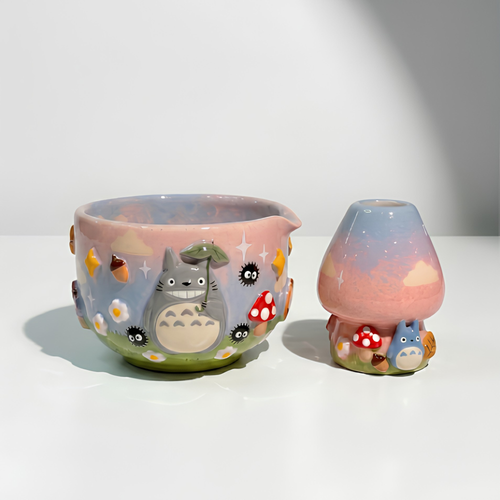 My Neighbor Totoro & Soot Sprite 3D Handcrafted Ceramic Matcha Bowl and Whisk Holder Set • HX25